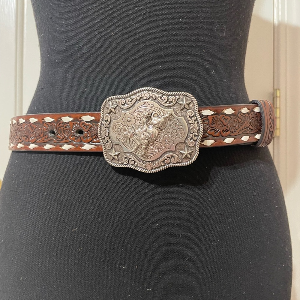 Nocona Brown Leather Belt with Ornate Silver Buckle
